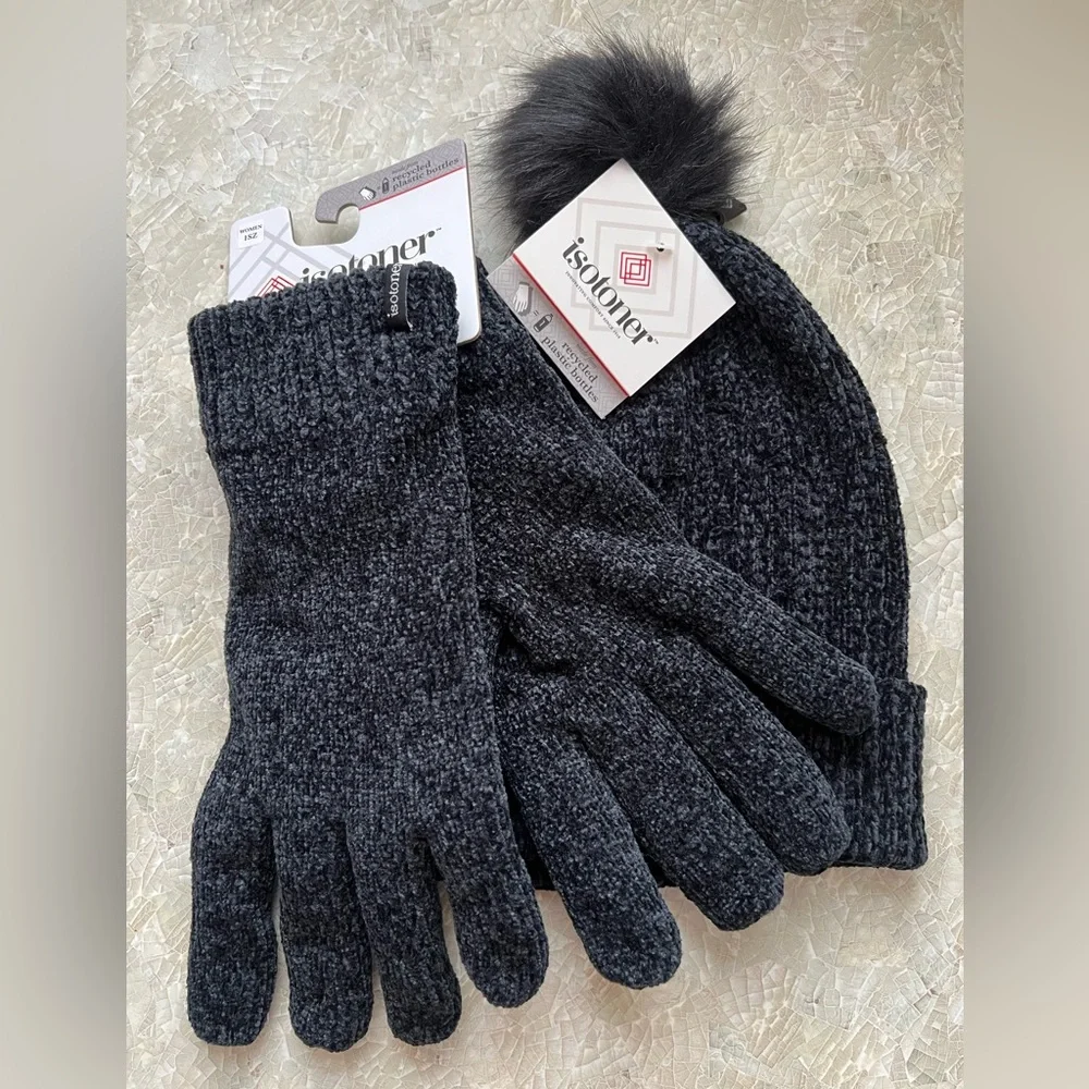 Isotoner Black Knit Hat and Gloves Set - Picture 1 of 6